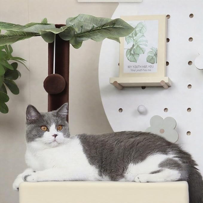 41″ Cat Tree for Indoor Cats Furniture, Cat Tower with Scratching Board, Modern Activity House for Large Cats, Condo with Ball Toys, Kittens Cave, Cat's nest, Beige White