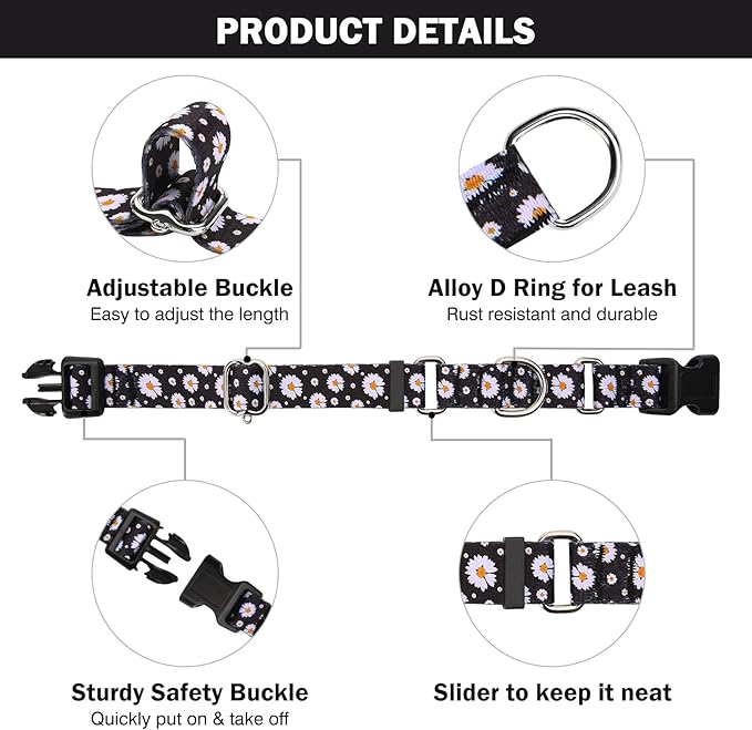 Hikiko Martingale Collar for Dogs with Buckle for Small Medium Large Dogs Soft Nylon Daisy Dog Collars Walking Training（Pure Daisy,Small）