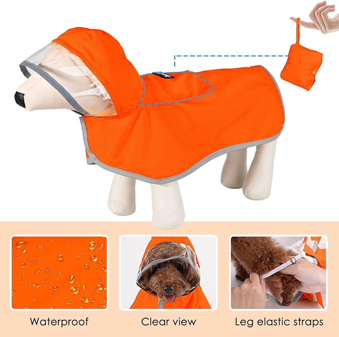 SlowTon Dog Raincoat, Adjustable Dog Rain Jacket Clear Hooded Double Layer, Waterproof Poncho with Reflective Strip Straps and Storage Pocket for Small Medium Large Dogs Puppies(OR XXXL)