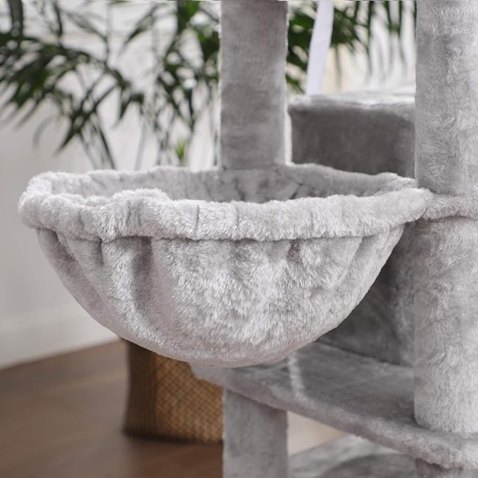 FEANDREA Large Cat Tree with 3 Cat Caves, 164 cm Cat Tower, Light Grey PCT98W