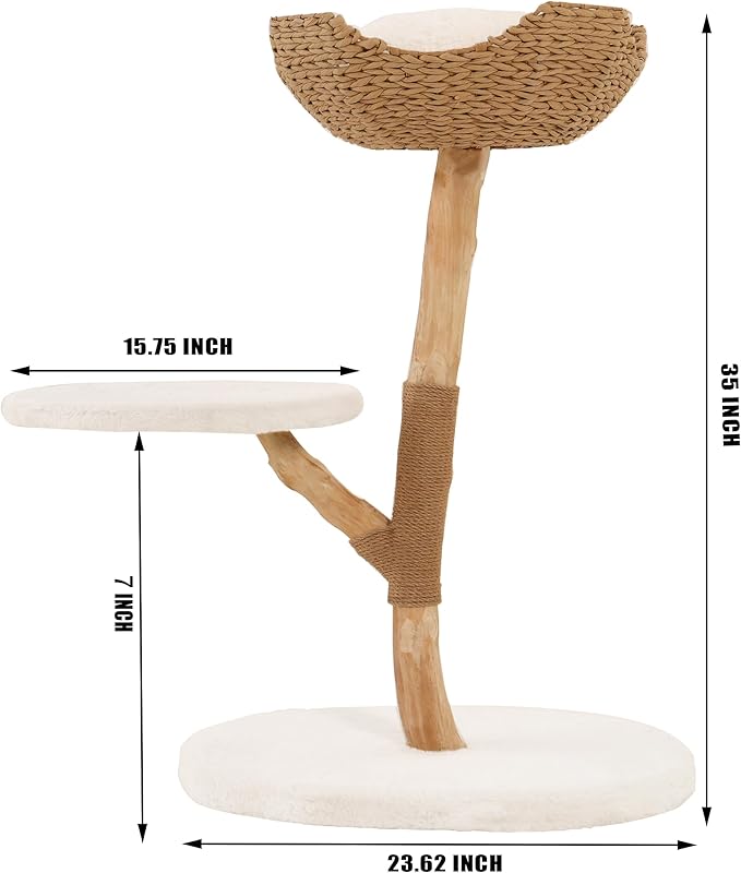 Modern Cat Tree, Natural Pear Wooden Cat Tower for Indoor Cats, Real Branch Luxury Cat Condo with Scratching Post & Hanging Toy Ball（35" Tall）