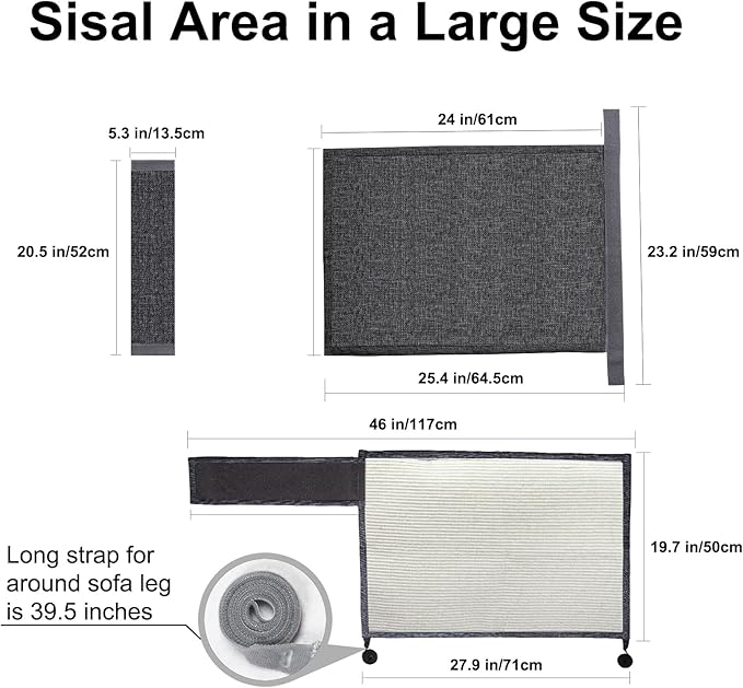 Upgraded Cat Scratch Furniture Couch Protector with 27.6’‘L*19.6’‘W Natural Sisal for Protecting Large Area Couch Sofa Chair,Couch Protector from Cat Claws(Dark Grey/Left Handed)