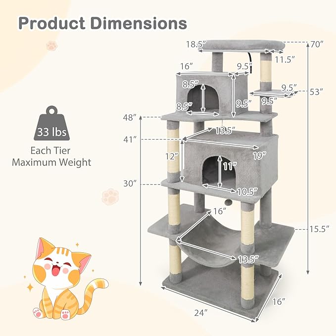 Tangkula 70 Inch Tall Cat Tree, Multi-Level Large Cat Tower with Sisal Scratching Posts, Plush Top Perch, 2 Condos, Hammock, 2 Dangling Balls, Cat Tree Tower for Indoor Cats Large Adults (Light Grey)
