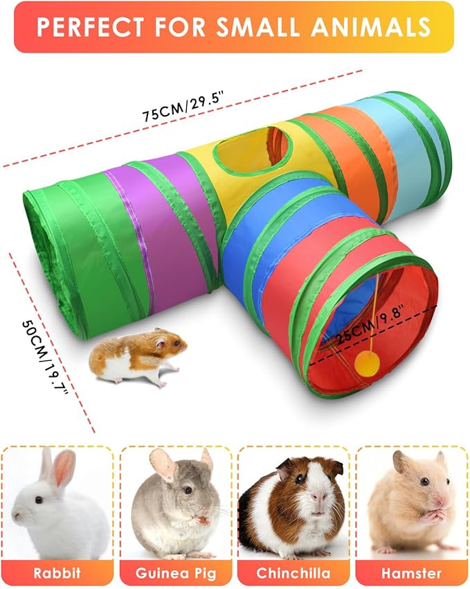 Bissap Rabbit Tunnel, 9.8'' Collapsible Bunny Tunnel and Tube 3 Ways Pet Hideout with 1 Play Ball for Indoor Kittens Dwarf Rabbit Bunny Guinea Pig Chinchilla Small Animal Activity Fun Toy (Rainbow)