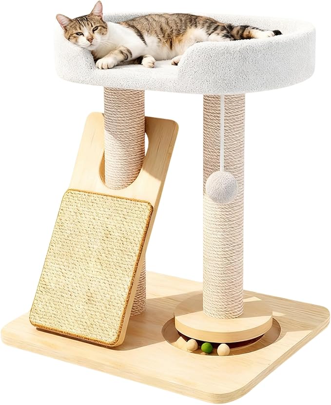 Simcat Cat Tree for Indoor Cats Large Adult, Cat Tower ower with Scratching Board/Post，Cat House with Solid Wood Turntable and Catnip Ball for Play