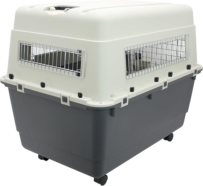 SportPet Airline Compliant XX-LARGE 36" Travel Dog Kennel-Durable Plastic Airline Pet Carrier w/ Removable Wheels & Food Bowls, Collapsible Indoor/Outdoor Dog Kennel, Dogs up to 36"L & 27"H-Cream/Gray