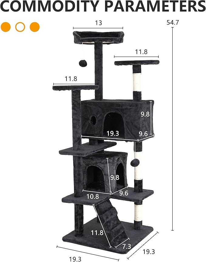 BLKMTY Cat Tree 54" Tall Cats Tower Large Cat Condo Climber Cats Climbing Stand with Top Perches Playhouse and Climbing Ladder Kitty Activity Tree w/Scratching Post Toys, Dark Gray