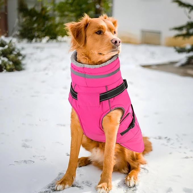 PETDSH Dog Coat Large, Built-in Harness Dog Jacket with Warm Fleece Lining, Waterproof Reflective Dogs Winter Coat, Pet Coats with Pocket and Trash Bags (Pink, Large)