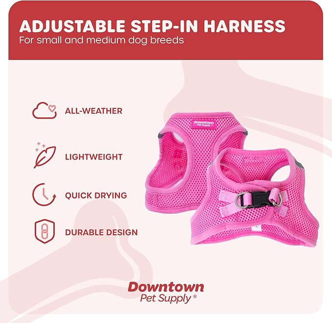 Downtown Pet Supply Step-in Dog Harness – No Pull, Adjustable Padded Mesh with Reflective Trim, Secure Buckle Strap – Comfortable & Breathable Small Dog Harness, Medium, Pink