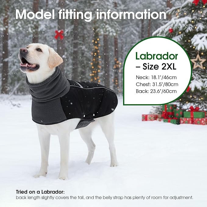 ASENKU Dog Coat, Dog Winter Jackets with Fleece Turtleneck, Windproof, Reflective Pet Snow Jacket for Cold Weather, Coats for Large Dogs, Black, XL
