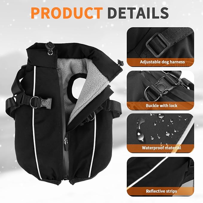 Dog Winter Coat Reflective Water-Resistant Jacket, Fleece Lined Windproof Puppy Coat with Back Zipper & D-Ring, Cold Weather Dog Coats for Small Medium Dogs (XXL, Black)