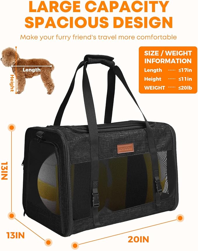 Large Cat Dog Carrier for Pet Up to 20 Lb - 20×13×13 in, Top & Side Entry, Foldable, Soft-Sided Pet Carrier with Ventilated Anti-Scratch Mesh & Car Seat Buckle for Car, Travel and Vet – Black