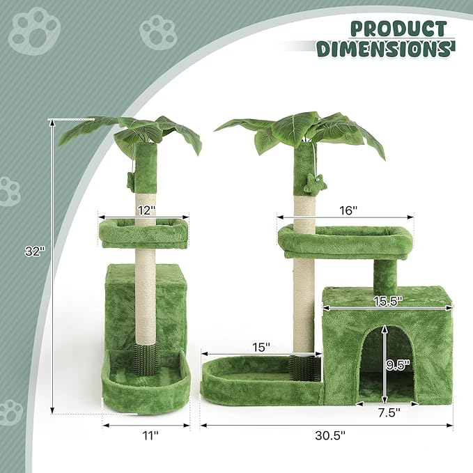 Magshion 32" Cat Tree for Kittens and Senior Cats, Leaf-Themed Small Cat Tower with Scratching Posts, Cozy Condo, Low Perch & Hanging Toys for Indoor Cats, Space-Saving Cat House, Green