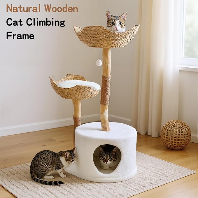 46" Modern Cat Tree, Solid Wood Cat Condo for Large Cats w/2 Flower Perches, Indoor Large Cat Climbing Tower with Hiding Enclosure, Natural Solid Wood Scratching Post with Real Branch