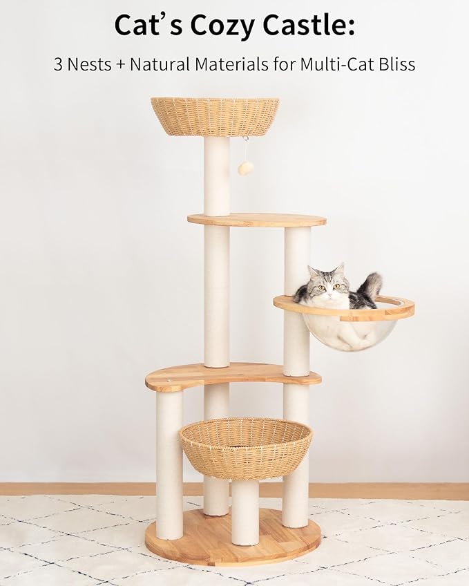 Modern Cat Tree for Large Cat, Wood Cat Tower Heavy Duty with Scratch Post for Indoor Big Cats (133cm (Natural Wood))