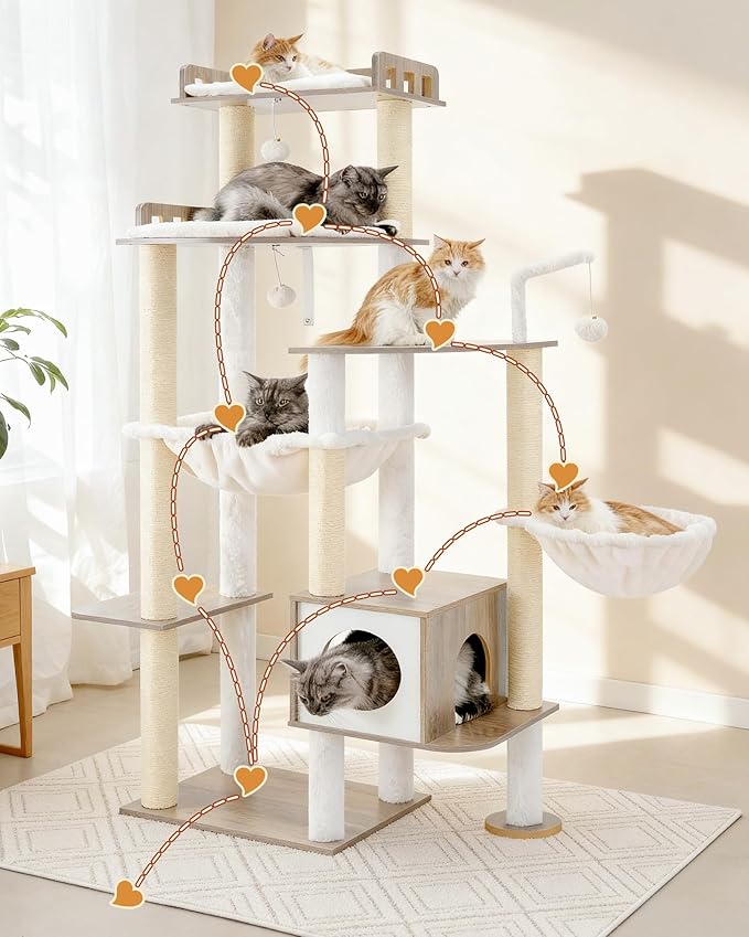 Heybly Cat Tree, 70.5 Inch Wood Tall Cat Tower for Large Indoor Cats with Extra Stable Structure, Modern Cat Furniture with All-Sisal Scratching Posts, Cat Condo & Hammocks, Greige HCT121SG