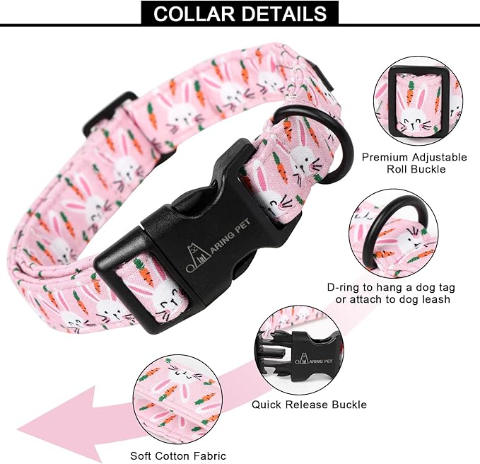 ARING PET Easter Dog Collar, Cute Pink Rabbit Carrot Pet Collars with Quick Release Buckle for Puppy Small Medium Large Boy Girl Dogs-M