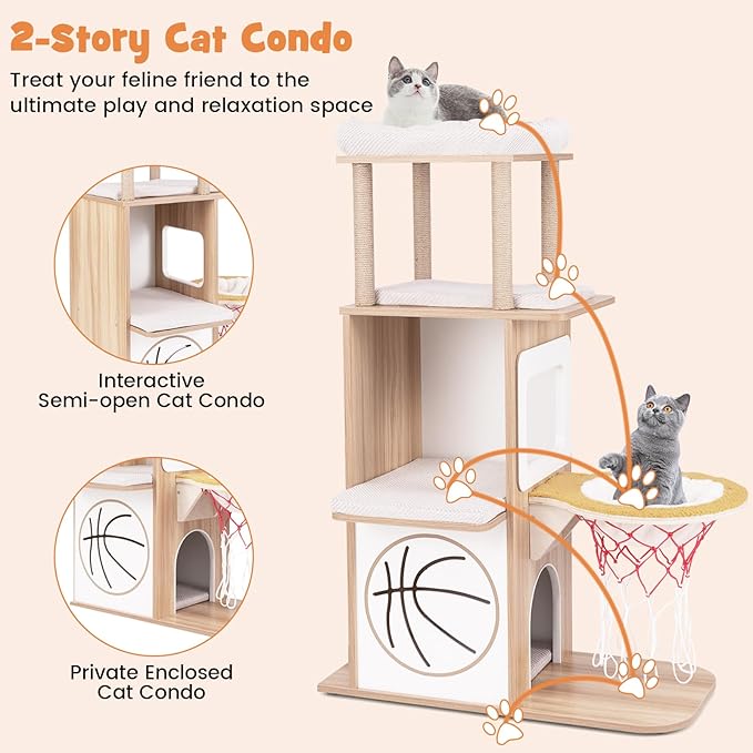 PETSITE 47 inch Basketball Series Cat Tree, Multi-Level Cat Tower with Jute Scratching Posts, 2-Story Cat Condo, 2 Perches, Basketball Hoop Hammock, Padded Cushions, Modern Cat Tree Tower