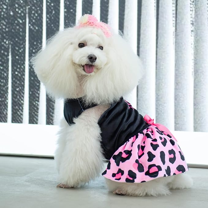 CuteBone Little Miss Sassy Pants Dog Leopard Print Dress Velvet for Small Dogs Girl Puppy Dresses Pink Dog Clothes CVA15M-D