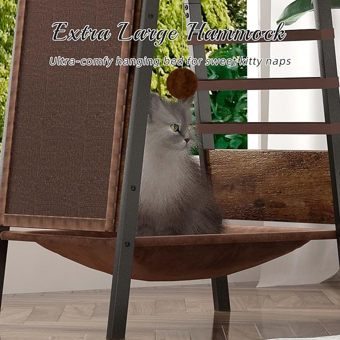58-Inch Outdoor Cat Tower Metal, Large Cat Tower Platform, Modern Cats Tree with Scratching Board & Removable Pads, Cats Furniture for Indoor Cats, Large Perch Hammock