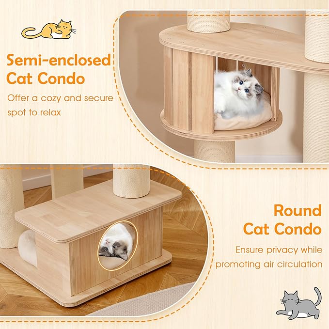 PETSITE 69 Inch Tall Wood Cat Tree, Multi-Level Modern Cat Tower with 5.7 inch Scratching Posts, Double Cat Condos, Space Capsule, Hammock, Large Wooden Cat Tree Tower for Indoor Cats, Natural