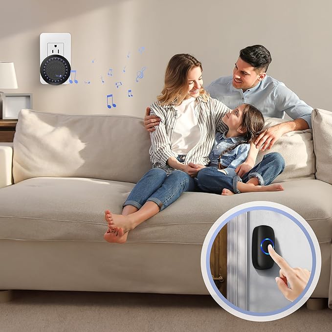 Wireless Door Bells for Homes Doorbell Chime Kits with 1 Transmitter 1 Receiver - Waterproof Operating at 1000ft Range - 48 Ringtones 4 Volume Levels LED Flash - Door Bell for Classroom Black