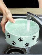 6.5 Inch Green Ceramic Dog Bowl with Paw Print Pattern - Porcelain Wide Mouth Dog Food or Water Bowls, Large Feeding Pet Bowls for Indoor Medium Sized Dogs, for Wet or Dry Food