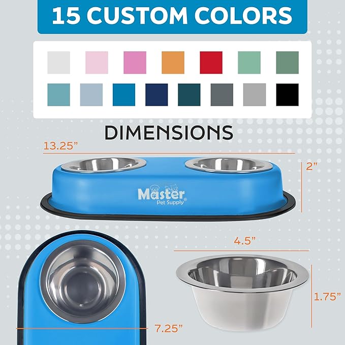 Master Pet Supply Double Dog Bowls Set with Elevated Base and 2 (8 oz) Stainless Steel Removable Dishes (Glacier Blue) – Double Cat Food Water Bowl, Dog Puppy Food Bowl Set, Rust Resistant