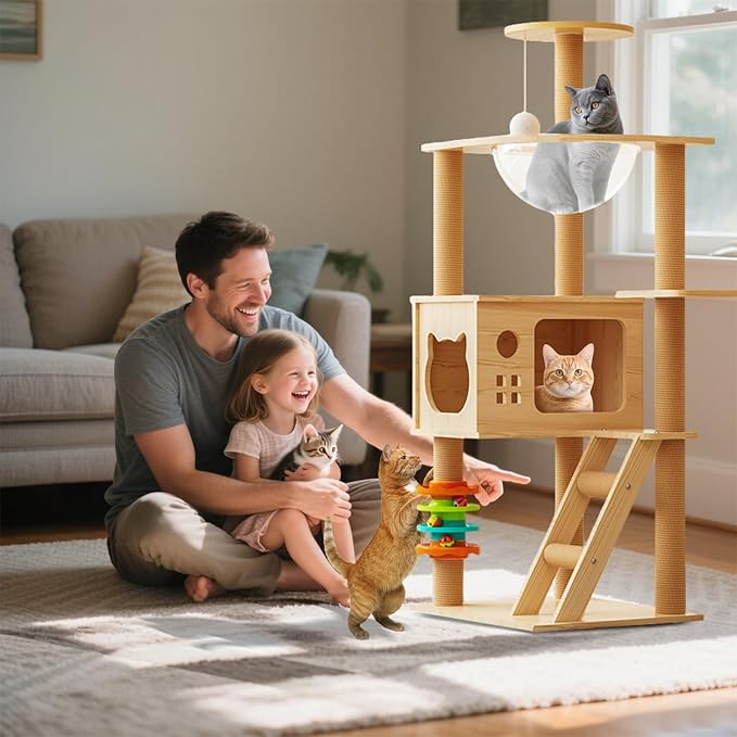 Large Cat Tree,120 Tall Wooden Cat Tower with Spacious Cave,Transparent Space Capsule,8 Fully Scratching Posts and Natural Wood Posts, Kitty Condo with Multi-Layer Platform