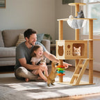 Large Cat Tree,120 Tall Wooden Cat Tower with Spacious Cave,Transparent Space Capsule,8 Fully Scratching Posts and Natural Wood Posts, Kitty Condo with Multi-Layer Platform