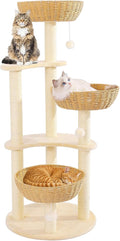 Modern Cat Tree Tower,Three Hand-Woven cat beds, Sisal-Covered Scratching Posts for Indoor Cats, Multi-Level Cat Condo with Space Capsule Nest, Tall Cat Tree for Multiple Large Cats