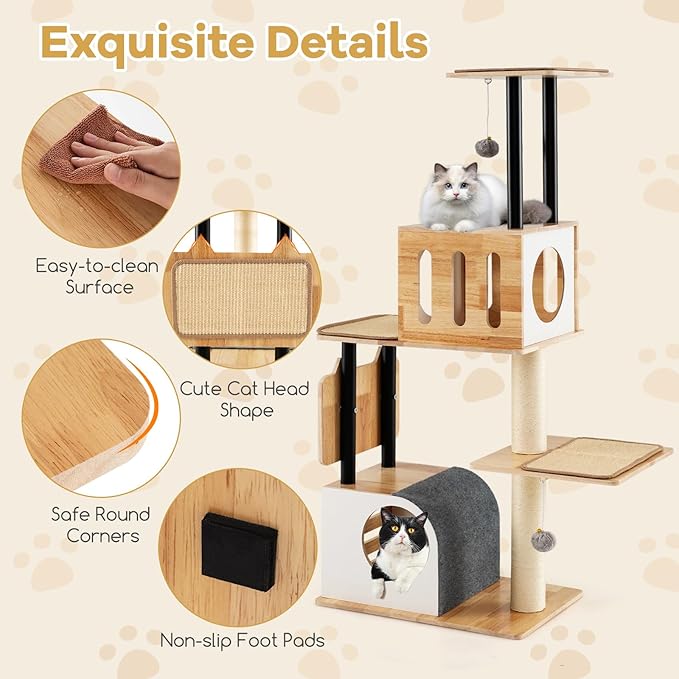 Tangkula Modern Cat Tree, Tall Multi-Level Cat Tower with Double Condos, Jumping Platforms, Dangling Balls, Sisal Carpets & Scratching Posts, Wood Cat Tree Tower for Indoor Cats