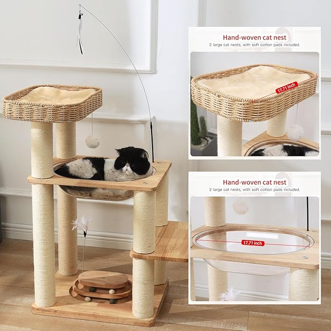 Wood Cat Tree Tower with Space Capsule, Hand-Woven Basket Nest, Feather Toy, Hanging Balls, Sisal Posts, 4-Tier Indoor Climbing 34 Inch Modern Cat Tree Tower for Kittens