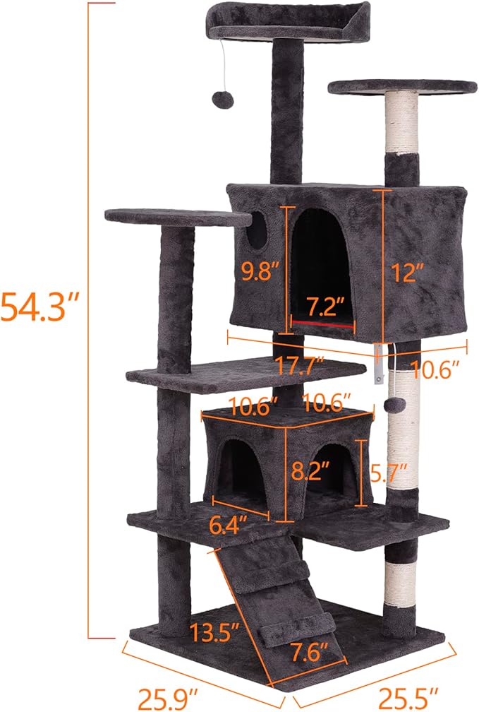53 inches Heavy Duty Multi-Level Cat Tree Tower with Condo Furniture & Scratching Posts for Kittens Play Rest (Grey)
