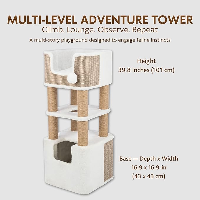 Trixie Lucano Cat Tree, 39.8-in Cat Tower with 8 Jute Scratching Posts & Plush & Sisal Covered Condo, Sturdy Base, Interactive Pom-Poms, Indoor Furniture for Climbing & Relaxation, Brown