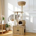 56.7" Tall Rattan Cat Tree for Indoor Cats, Multi-Level Wooden Cat Tower with Scratching Posts, Large Cat Climbing Furniture with Perches