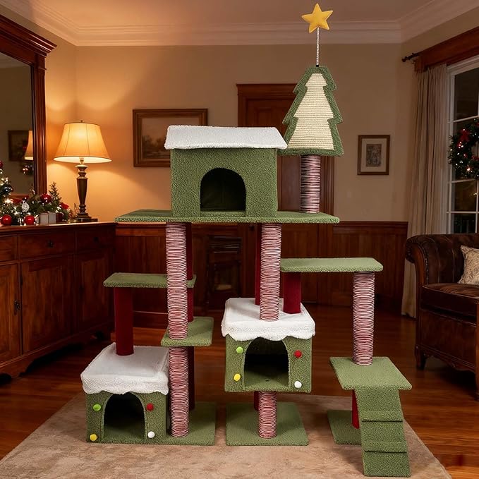 Christmas Cat Tree, 74" Tall Multi-Level Cat Proof Tower with Cat Condos, Top Perches, Sisal Scratching Posts and Board, Kittens Play Activity Center for Indoor Cats, Red/Green (74")