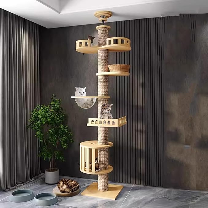 Mekidulu Floor to Ceiling cat Tree - Cat Tree Floor to Ceiling，Adjustable Height,Tall cat Tree with Width 4.33 in Scratching Post,Cat Hammock,Fully Wrapped with sisal Rope(240～250cm, 265-275cm T03)