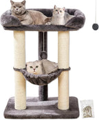 Happi N Pets 28" Cat Tree, Large Bed for Big Cats, Small Cat Tower with Soft Perch for Window Viewing, Stable Cat Tree Tower, Cat Scratching Post with Hammock, Removable Cover-Gray