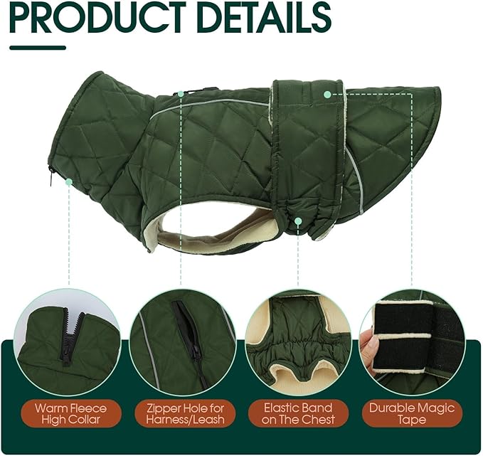 Kuoser Dog Coat, Super-Warm Dog Jacket Windproof Pet Cold Weather Coats for Extra Large Dogs, Fleece Lining Quilted Turtleneck Puppy Snowsuit Reflective Adjustable Doggie Winter Clothes, Green, 2XL