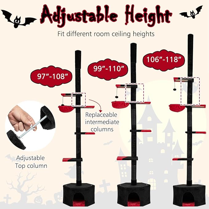 PETSITE Gothic Floor to Ceiling Cat Tree, 97-118 Inches Height Adjustable Goth Ceiling Cat Tower with Sisal Scratching Posts, Condo, Side Basket Bed, Dangling Toy, and Multiple Jumping Platforms
