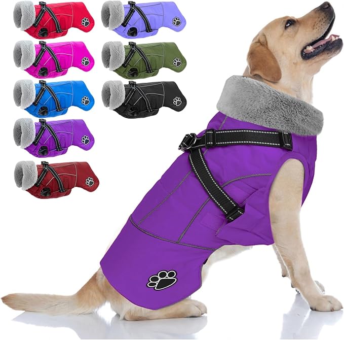 Doglay Dog Jacket Waterproof Dog Coat with Harness Built in, Christmas Puppy Winter Coat Reflective Turtleneck Puffer Snow Jackets for Small Medium Large Dogs