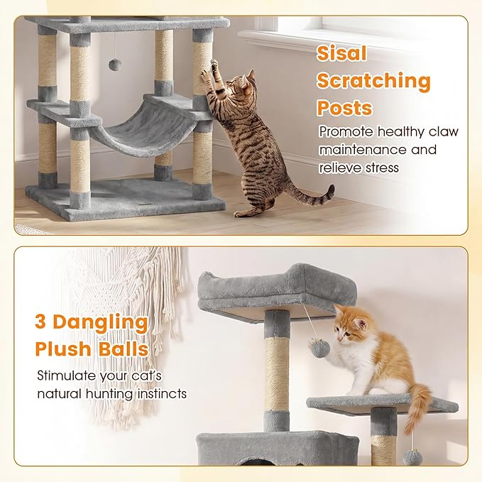 PETSITE 80-inch Tall Modern Cat Tree, Multi-Level Cat Tower with 2 Comfy Condos, Sisal Scratching Posts, Side Basket, Snug Hammock, and Dangling Balls, Ideal for Indoor Cats and Kittens (Grey)