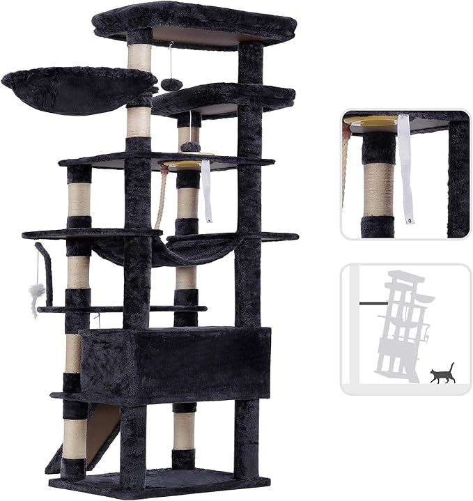 Heybly Tall Cat Tree, 78-inch Multi-Level Cat Tower for Indoor Cats, 2 Widened Plush Perches Cat Condo with Scratching Board and Big Caves, Smoky Gray HCT033G