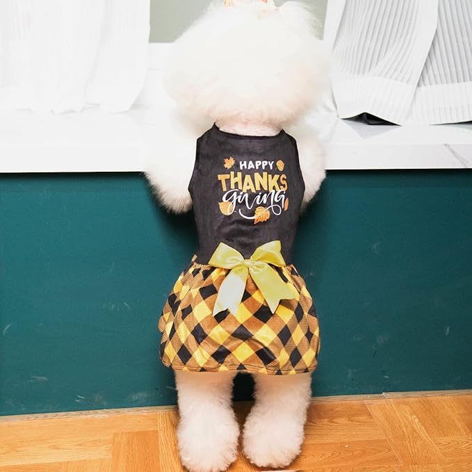 CuteBone Happy Thanksgiving Day Dog Fall Dress Costume Velvet for Small Dogs Girl Puppy Dresses Yellow Plaid Dog Clothes CVA03S-D