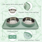 BNOSDM 2 Pcs Double Dog Food Bowls, Stainless Steel Small Dog Food and Water Bowls with Non-Spill Plastic Mat, Pet Cat Feeder Dish Set for Puppy Cats Kitten, Green
