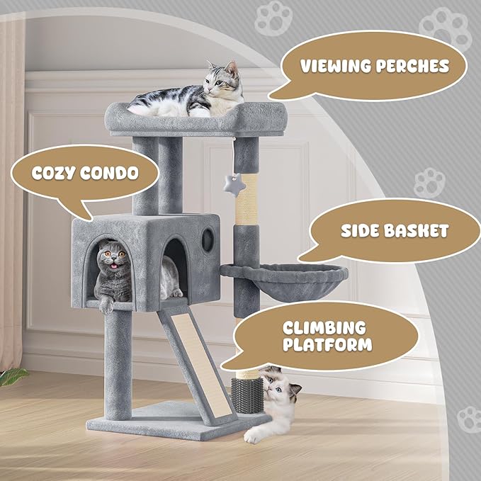 Magshion 36" Tower for Indoor Pets, Compact Multi-Level Condo with Scratching Posts, Top Perch, Side Basket & Dangling Ball, Climbing Furniture for Kittens & Seniors, Light Grey