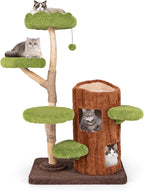Tangkula Solid Wood Cat Tree, Cute Cat Tower with Scratching Posts, 2-Tier Tree Hole Cat Condo, Wood Branches, Sisal Panel, Top Perch, Platforms & Hanging Toy, Cat Tree for Indoor Cats Large Adult