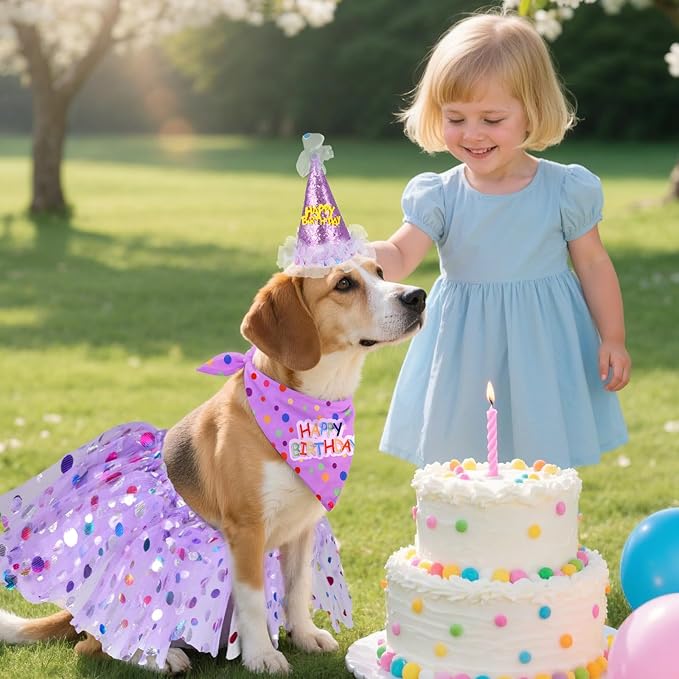 Dog Birthday Hat with Glitter Bandana Dress Set Puppy Birthday Party Supplies Cute Tutu Skirt Costume Outfit for Small Medium Large Dogs Cats Kitten Pet Decorations Purple