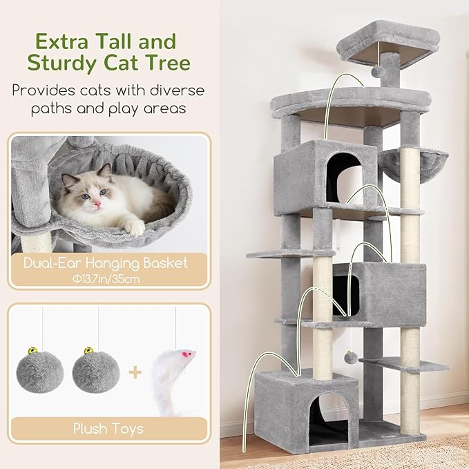 Globlazer Extra Large Cat Tree Tower for Indoor Cats Large Adult, 80in Tall Heavy Duty Cat Tree with 3 Spacious Cat Condos, Oversized Fan-Shaped Perch, 6 Full Sisal Scratching Posts, S80, Light Grey